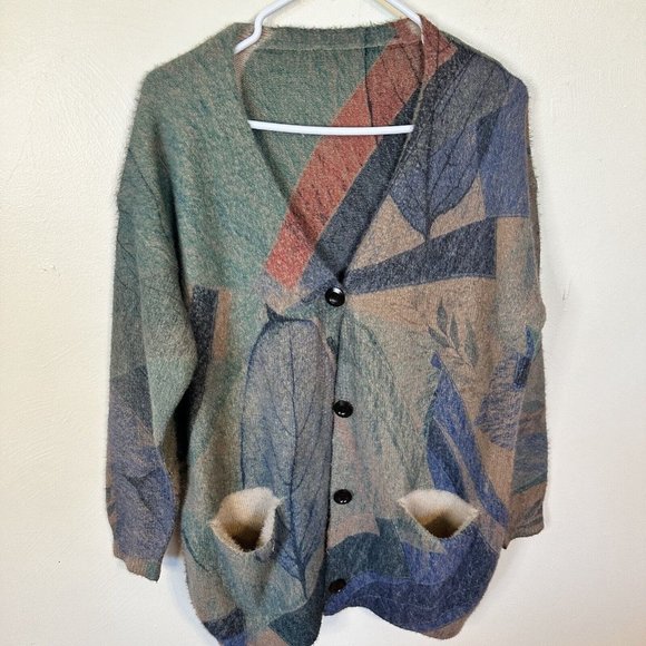 Yesno Cardigan Womens XL Oversized Wool Sweater Button Up V Neck Pockets Graphic - Picture 1 of 11